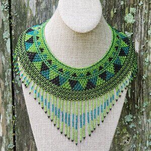 Gorgeous Handmade Blue, Black, and Green Beaded Statement Necklace